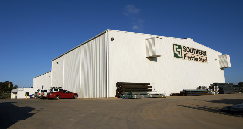 Exterior view of a big warehouse of Southern Steel